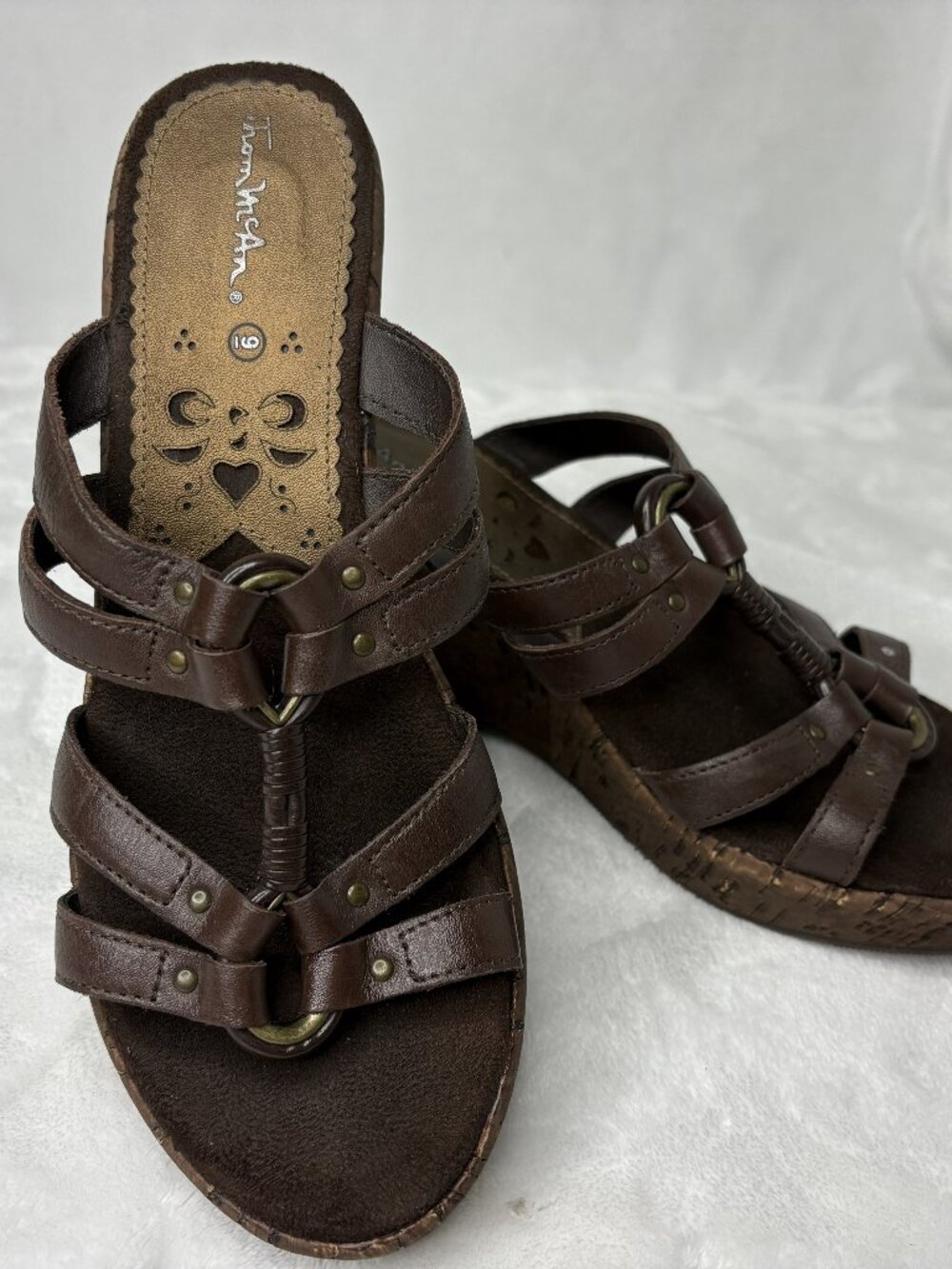 Thom McAn Leather Cork Heel Wedge Sandals - Size 9